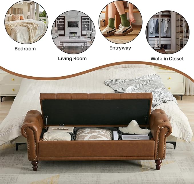 58.1'' Storage Bench Upholstered PU Leather End of Bedroom Bed Bench Ottoman with Tufted Cushioned Rolled Arm Large Storage Space for Reading Living Room Entryway, Brown-PurrikoPets