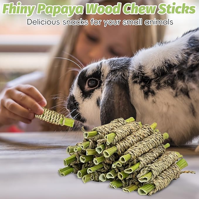 Fhiny 24 PCS Rabbit Chew Sticks, Natural Papaya Wood Seagrass Guinea Pig Chew Toys for Teeth Small Animal Molar Sticks Snacks for Bunny Guinea Pig Chinchilla Ferret Hamster Gerbil Dental Care-PurrikoPets