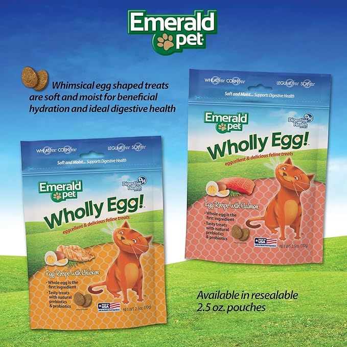 Emerald Pet Wholly Egg Digestive Health Cat Treats - Soft and Moist cat Treats for Healthy Digestion - Natural Prebiotics and Probiotics for cat Digestion - Chicken Treats, 2.5 oz-PurrikoPets