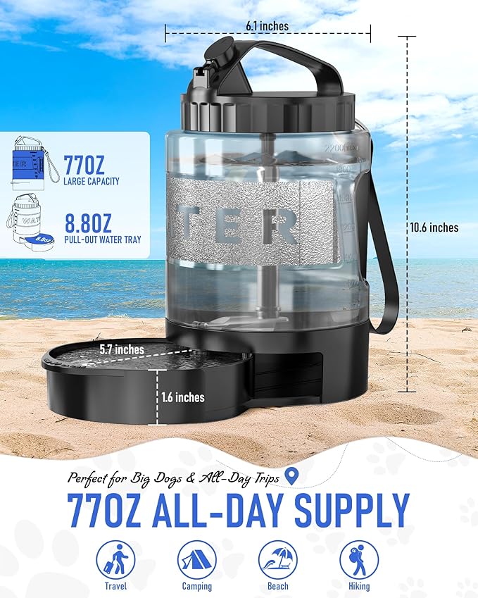 Dog Water Bottle Travel Bowl, 77oz Large Portable Dog Water Bowl Dispenser, Leakproof Pet Drinking Bottle Dispenser for Hiking Camping Walking Travelling Beach Car Trips, BPA Free, Black-PurrikoPets