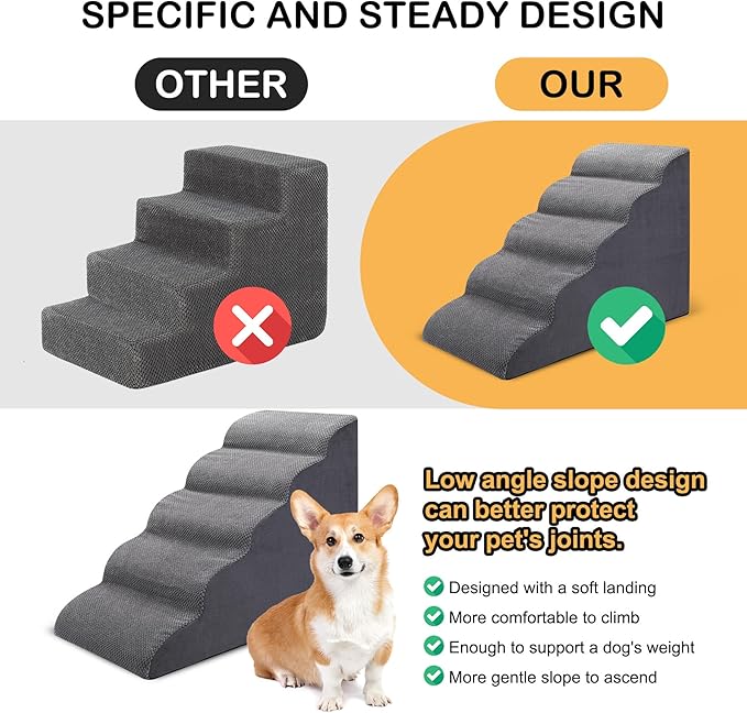 Dog Stairs for Bed, 5 Tier Dog Steps for Couch and High Bed, Non-Slip Pet Stairs, 24" High Sofa Foam Ramp - Best for Small Pets, Older Cats with Joint Pain-PurrikoPets