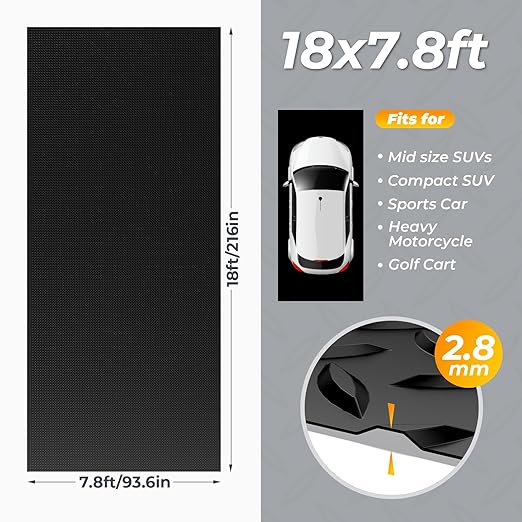 7.8 x 18 FT Garage Floor Mats for Under Car, 2.8mm Thickened Rubber Garage Flooring Roll, M Size 140.4 SQFT Garage Car Mat for Mid-Size SUVs, Sports Car, Black-PurrikoPets