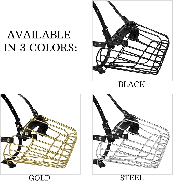 German Shepherd Dog Muzzle Metal Basket for Medium Large Dogs Adjustable Durable Leather Straps Secure Wire Mask for Biting Chewing Barking (Black, M - Size)-PurrikoPets