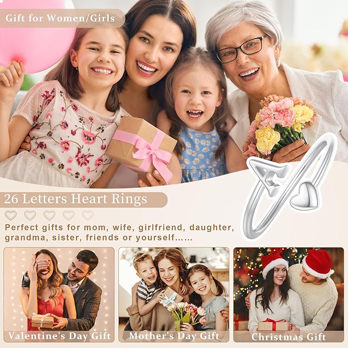 Initial Rings for Women Girls - Valentines Day Gifts for Her, Adjustable Rings for Women Non Tarnish Letter A-Z Dainty Heart Ring Teen Girls Gifts Trendy Stuff Personalized Jewelry Gift