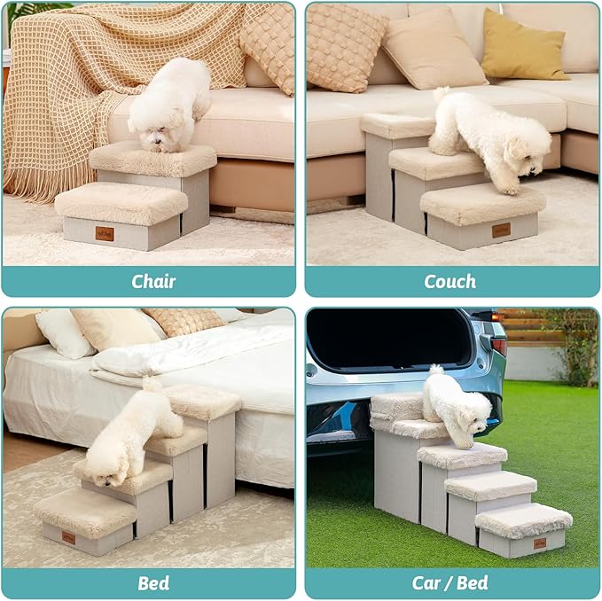 Dog Stair for Small Dogs with Storage, 21" H Foldable Pet Step with Soft Cover, Older Cat Ramp for High Bed or Car, Lightweight, Comfort, 39.7x13x21.2 inch, 5 Tiers, Beige-PurrikoPets