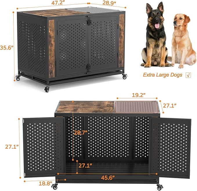 48" Heavy Duty Dog Crate Furniture for Extra Large Dogs, Enclosed Design with 0.5 inch Holes, Indestructible Metal Kennel for High Anxiety Dogs, Chew Proof Pet Cage House Indoor, Brown-PurrikoPets