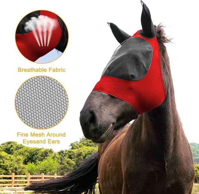 2 Piece Horse Fly Mask with Ears, Comfortable Fit Stretch Fabric Big Eye Space Soft Breathable with UV Protection for Full Horses (Red-Blue)-PurrikoPets