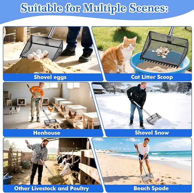 12 Inch Chicken Poop Scooper & Rake 2-in-1, Large Metal Shovel Head, Rubber Handle Stainless Steel Chicken Litter Scoop for Chicken Coops, Litter Screening Scoop (35 to 65in) US Patent Pending (Black)-PurrikoPets