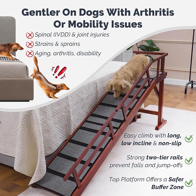 Dog Ramp for Bed or Couch, Wooden Pet Ramp with 20° Gentle Slope, Removable Side Rails, Non-Slip Surface, Top Platform & Wheels, Safe Bed Ramp for Small, Medium & Senior Dogs, 74" Long, Mahogany-PurrikoPets