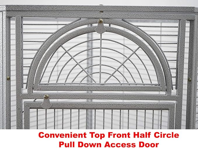 64" Extra Large Corner Bird Flight Breeding Wrought Iron Rolling Parrot Cage Side Solid Metal Plate Feed Doors Pull Out Removable Grate and Tray with Around Metal Seed Guard-PurrikoPets