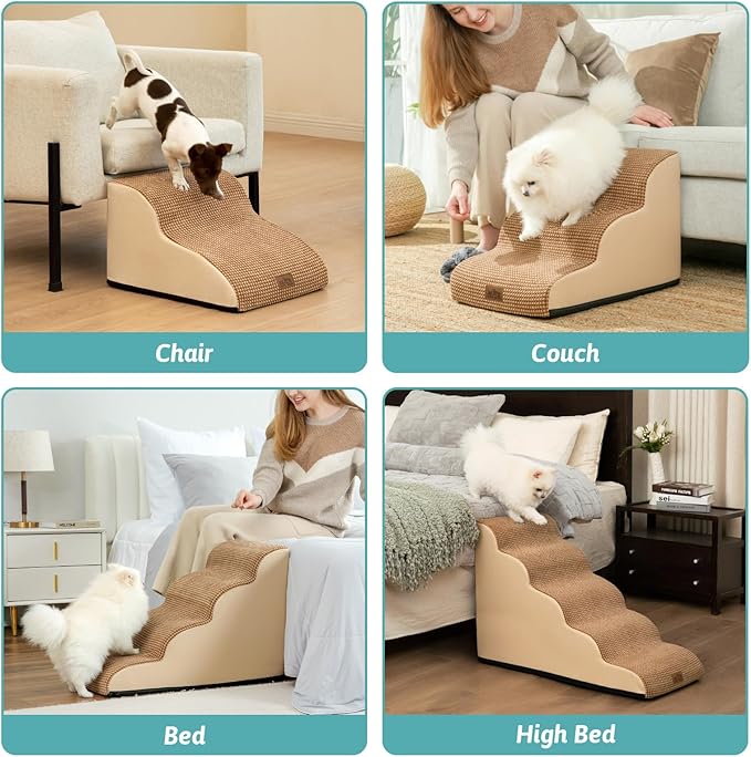 Dog Stairs for High Bed 22.6" H, Small Dog Step for Puppy, Older or Cat, Curved Ramp for Car, Ladder with High Density Foam, Lightweight, Durable, 15.7x33x22.6 inch, 5 Step, Light Brown-PurrikoPets