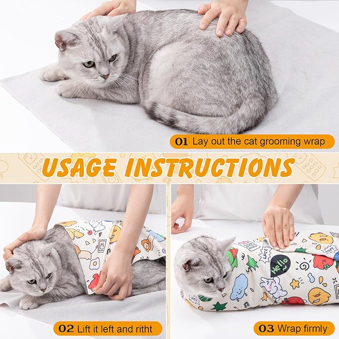 27.6" Cat Wrap for Cutting Nails, Self-Adhesive Cat Grooming Wrap Anti-Escape Cat Restraint for Nail Clipping Cat Swaddle Wrap Cat Wrapping Cloth for Pet Cleaning and Beauty (Within 15lbs)-PurrikoPets