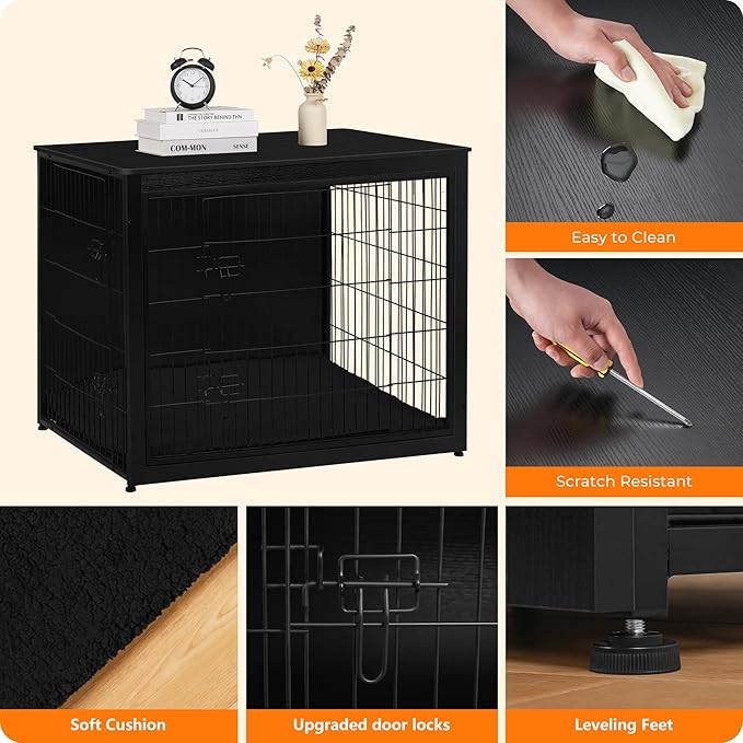 DWANTON Dog Crate Furniture with Cushion, Wooden Kennel Table with Double Doors, Indoor Dog House, Extra Large Size, 43.3" L, Black-PurrikoPets