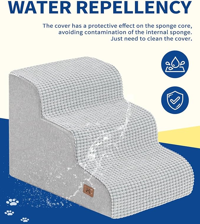 Dog Step for Bed, Dog Stair 3-Step 35D Pet Stair 15.7" H for High Bed or Sofa Non-Slip Balanced Pet Step Indoor, Light Grey-PurrikoPets