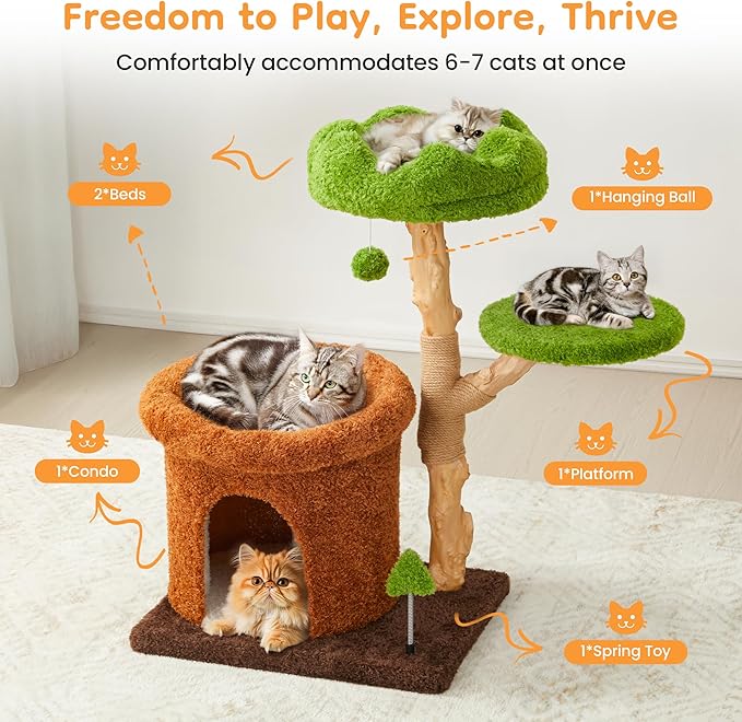 32-Inch Multi-Level Cat Tree Tower, Natural Wooden Cat Furniture with Sisal Scratching Posts, Beds & Condo, Cute Cat Tree for Indoor Cats, Multi-Cat Householdsolds-PurrikoPets