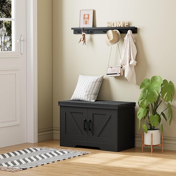 2-Tier Storage Bench, Shoe Bench with Padded Seat Cushion, Entryway Bench with 2 Barn Doors, Adjustable Shelf, 13.8" D x 27.6" W x 17.7" H, for Entryway, Living Room, Bedroom, Black-PurrikoPets
