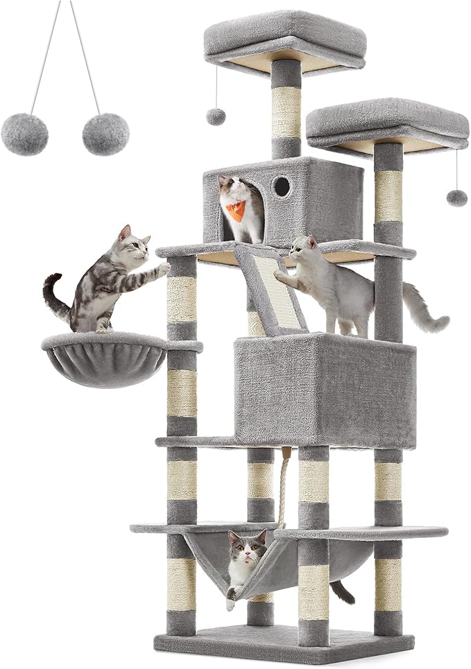 Feandrea Cat Tree, 66.1-Inch Large Cat Tower with 13 Scratching Posts, 2 Perches, 2 Caves, Basket, Hammock, Pompoms, Multi-Level Plush Cat Condo for Indoor Cats, Light Gray UPCT165W01-PurrikoPets