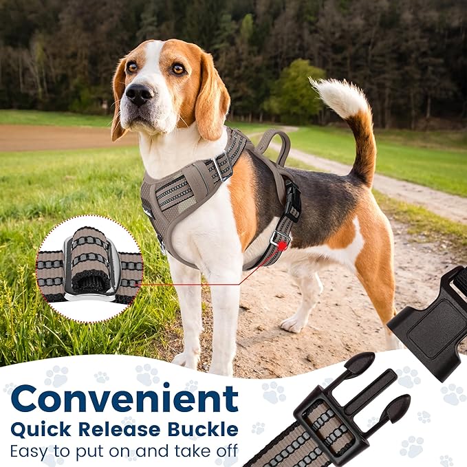 Funfox Dog Harness No Pull, Adjustable Pet Vest Harness, Super Soft Material with Vertical Handle Easy Control, Reflective Night Walking, 2 Leash Clips for Large Dogs, Camo Brown, L-PurrikoPets