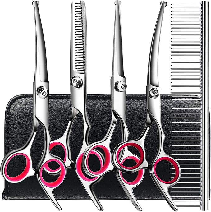 6 in1 Professional Dog Grooming Scissors Kit, Dog Shears for Grooming with Safety Round Tips, Titanium Coated Grooming Scissors for Dogs Cat Pet At Home-PurrikoPets
