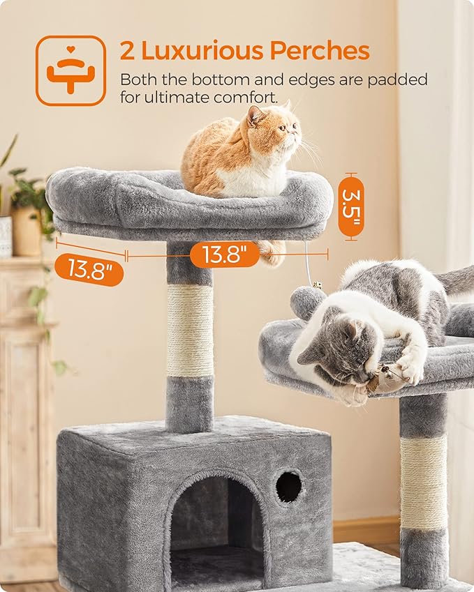FEANDREA Cat Tree, Cat Tower for Indoor Cats, 56.3-Inch Cat Condo with Scratching Posts, Hammock, Plush Perch, Light Gray UPCT15W-PurrikoPets