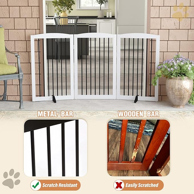 Freestanding Pet Gate for Dogs, Foldable Wooden Dog Gate for House Indoor, Tall Pet Fence for Stair, Doorway,Hall, Support Feet Included, 3 Panels 32",White-PurrikoPets