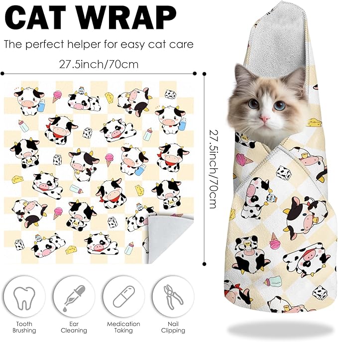27.6" Cat Grooming Wrap, Self Adhesive Cat Wrap for Cutting Nails, Anti-Escape Calming Cat Swaddle Wrap for Medicine Ear Cleaning, Cartoon Cow Anti-Scratch Cats Burrito Restraint Blanket, Pet Tool-PurrikoPets