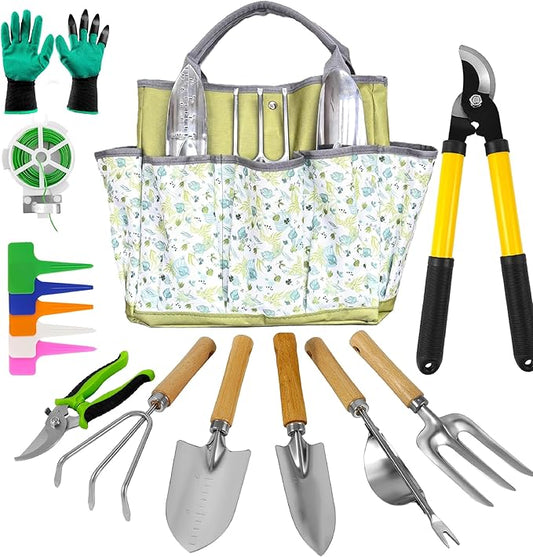 41-Piece Premium Gardening Tool Set, Stainless Steel Heavy Duty Gardening Tool Kit, with Non-Slip Rubber Grip, Storage Tote Bag, Outdoor Hand Tools, Ideal Gardening Gifts for All (Green)-PurrikoPets