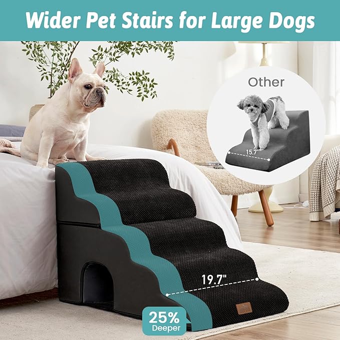 Extra Wide Dog Stairs with Tunnel, Detachable Large Pet Step for Small Medium Dog, Puppy or Cat, Ramp for High Bed, Couch, Sofa or Car, Stable, 19.7x33x22.4 inch, 5 Step, Black-PurrikoPets