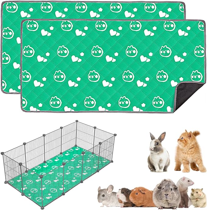 2 Pack Guinea Pig Bedding - Washable Guinea Pig Liners for C&C 2x4 Cage, Waterproof Reusable & Anti Slip Pee Pads Super Absorbent Mats for Small Animal Rabbit Hamster Rat (Green, 57 x 28 Inch)-PurrikoPets