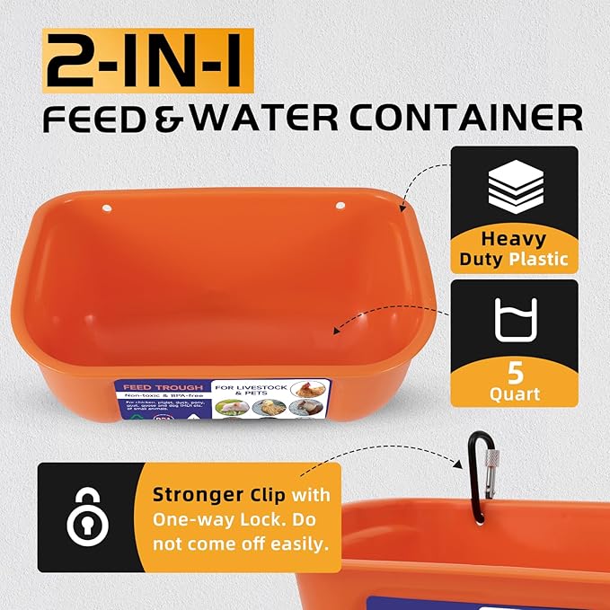Goovilla Chicken Feeder Waterer, Hanging or Screw-in Fence Feeder with Clips, 2 Pack 5 Quart Goat Feeder Supplies, Duck Piglet Sheeple Coop Dog Livestock Poultry Plastic Feeder Trough Bucket, Orange-PurrikoPets