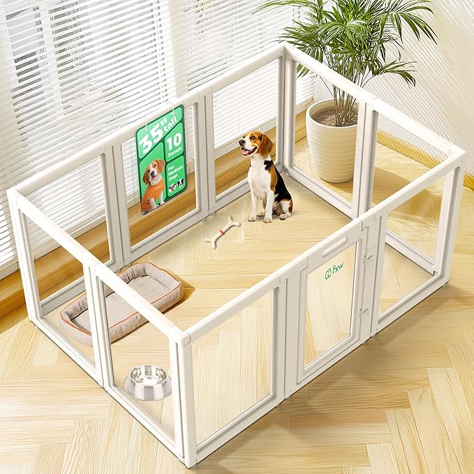 FXW AuraSpace Acrylic Indoor Unleashed Dog Playpen for Medium Dogs, 35 Inch, 10 Panels, White-PurrikoPets