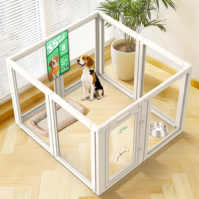 FXW AuraSpace Acrylic Indoor Unleashed Dog Playpen for Medium Dogs, 35 Inch, 8 Panels, White-PurrikoPets