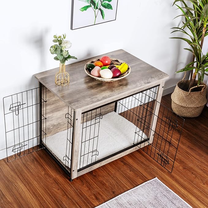DWANTON Dog Crate Furniture with Cushion, Wooden Kennel Table with Double Doors, Indoor Dog House, Medium Size, 32.5" L, Greige-PurrikoPets