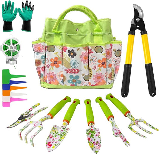 41-Piece Premium Gardening Tool Set, Stainless Steel Heavy Duty Gardening Tool Kit, with Non-Slip Rubber Grip, Storage Tote Bag, Outdoor Hand Tools, Ideal Gardening Gifts for All (Pink Floral)-PurrikoPets