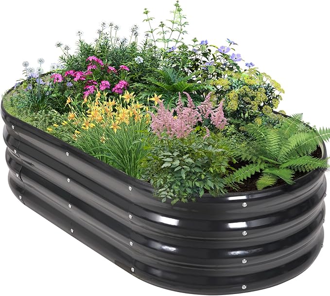 Galvanized Raised Garden Bed Outdoor - 4×2×1ft Planter Raised Beds for Gardening | Oval Metal Garden Planter Box with Safety Edging and Gloves for Vegetables Fruits and Flowers - Grey-PurrikoPets