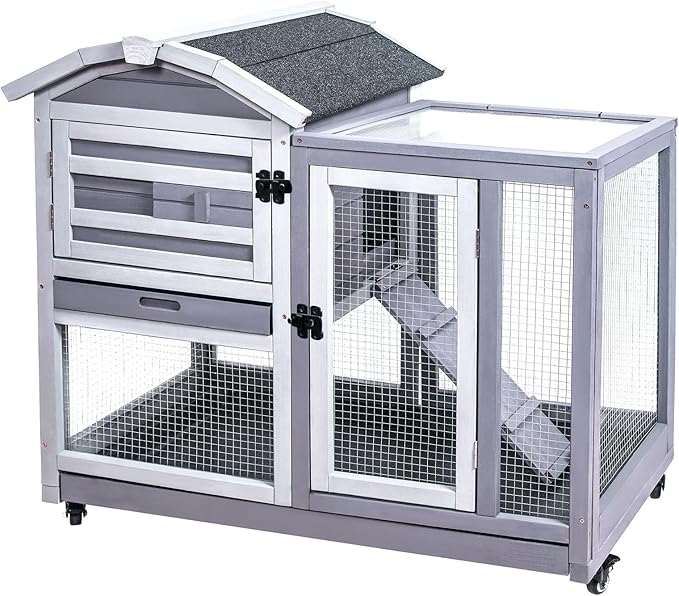 GEGURI Rabbit Hutch Indoor Rabbit Cage Outdoor, Wooden Bunny Cages for Guinea Pig with Wheels, Removable Tray, Ramp-PurrikoPets