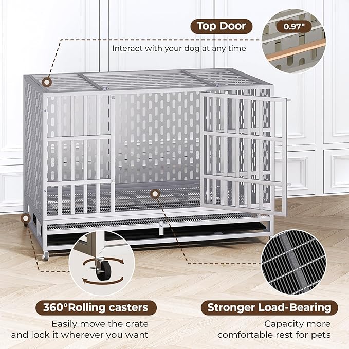 48 Inch Heavy Duty Indestructible Dog Crate Steel Escape Proof, Indoor Double Door High Anxiety Cage, Kennel with Wheels, Removable Tray,Silver,Extra Large XL XXL-PurrikoPets