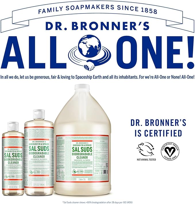 Dr. Bronner's - Sal Suds Biodegradable Cleaner (1 Gallon) - All-Purpose, Pine Cleaner for Floors, Laundry and Dishes, Concentrated, Cuts Grease and Dirt, Powerful Formula-PurrikoPets