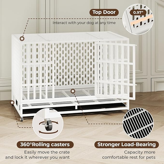 48 Inch Heavy Duty Indestructible Dog Crate Steel Escape Proof, Indoor Double Door High Anxiety Cage, Kennel with Wheels, Removable Tray,White,Extra Large XL XXL-PurrikoPets