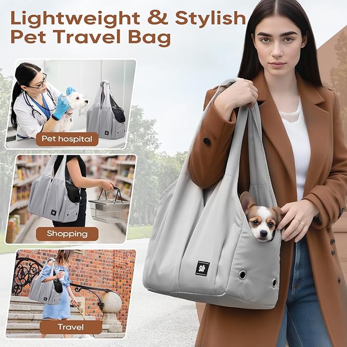 Dog Purse Carrier for Small Dogs, Cats, and Puppies – Soft-Sided Travel Pet Tote Bag with 4 Large Pockets, Foldable, Lightweight, Fits Pets up to 15 lbs, for Travel, Outings (Grey)-PurrikoPets