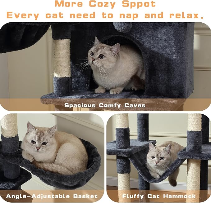 70-Inch Cat Tree,Large Cat Tree Tower with Hammock, Scratching Post, Condo and Multi-Level Cat Tower for Large Cats, Cat Activity Center Playhouse, Dark Gray LCT016-PurrikoPets