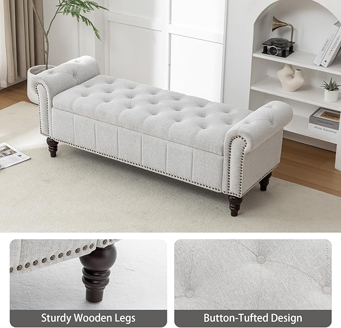 58’’ Storage Bench for Bedroom, Upholstered Button-Tufted Ottoman with Solid Wood Legs, Queen Size End of Bed Shoe Cabinet, Window Seat Foot Rest Stool for Entryway, Living Room (Silver)-PurrikoPets
