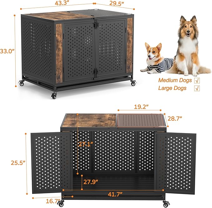42" Heavy Duty Dog Crate Furniture for Large and Medium Dogs, Enclosed Design with 0.5 inch Holes, Indestructible Metal Kennel for High Anxiety Dogs, Chew Proof Pet House Cage Indoor, Brown-PurrikoPets