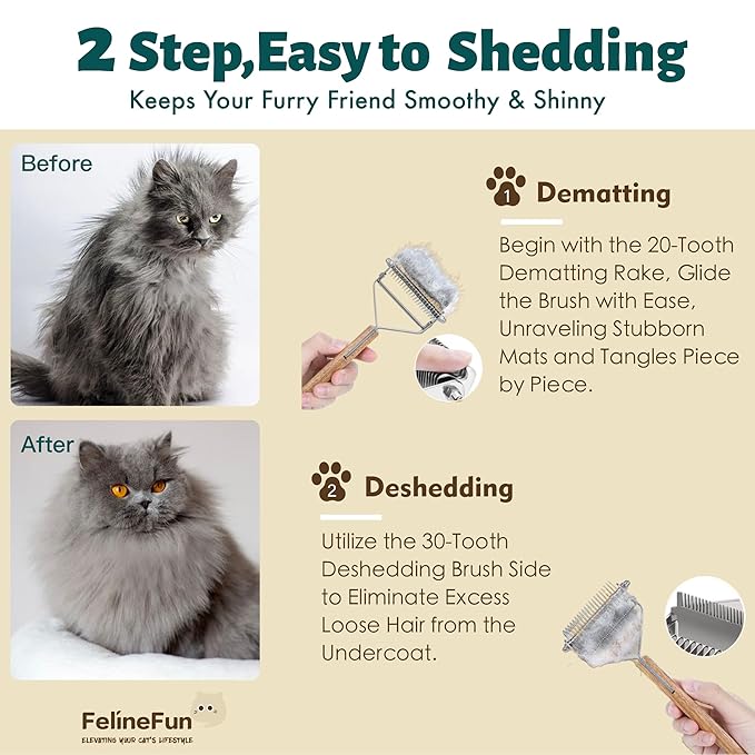 FelineFun Cat Brush for Dematting & Deshedding, 2 in 1 Undercoat Rake, Efficiently Remove Loose Hair & Matted Fur, Professional Shedding Comb for Indoor Cats & Long Haired Cats-PurrikoPets