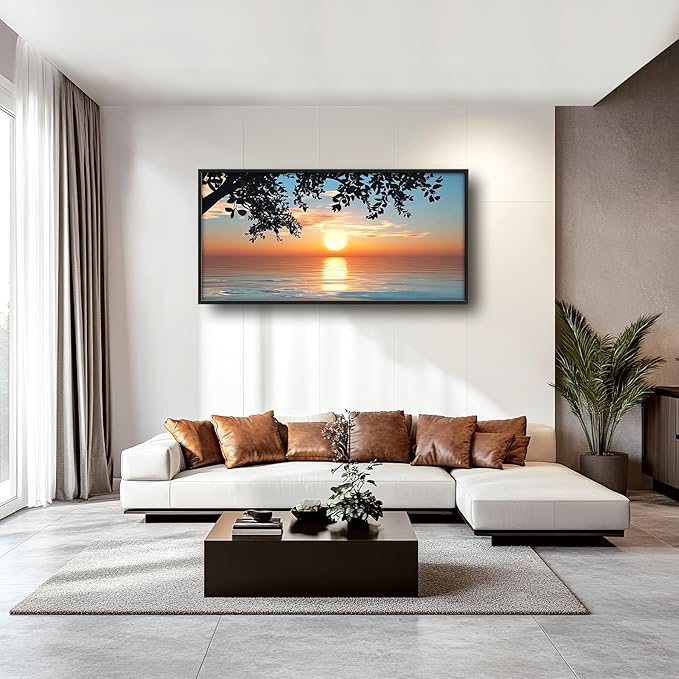Framed Large Lake Sunset Wall Art, Oversized Natural Landscape Wall Decor for Living Room, Tree Leaves Canvas Painting Pictures Home Decoration for Living Room Bedroom Office 60"x30"-PurrikoPets