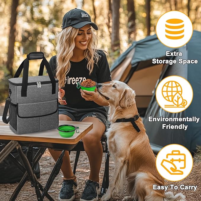 Dog Travel Bag for Camping - Weekend Pet Accessories With 2 Collapsible Bowls, 2 Food Containers, 1 Waterproof Feeding Mat - M, Grey-PurrikoPets