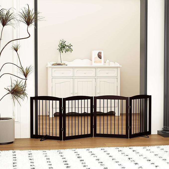 Freestanding Pet Gate for Dogs, Foldable Wooden Dog Gate for House, Indoor Dog Gate for Stair, Doorway, Gates for Dogs Indoor, 80 Inch Wide, 4 Panels 24",Brown-PurrikoPets