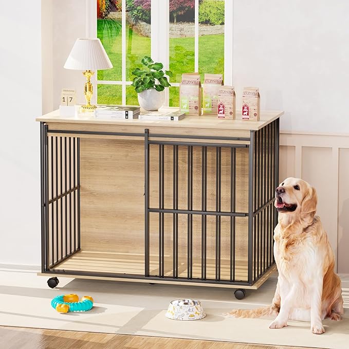 43.7" Dog Crate Furniture, XL Dog Crate Dog Kennel Indoor with Wheels for Large Medium Small Dogs, Wooden Dog Kennel End Table with Sliding Door Wooden Furniture Crates for Living Room, Bedroom-PurrikoPets