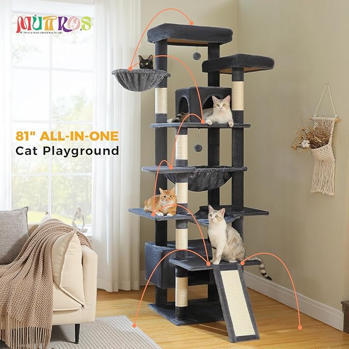 81" Heavy Duty Cat Tree for Large Cats up to 20lbs - Extra Tall Cat Tower with Metal Frame Hammock, 6 Sisal Scratching Posts, 2 Perches - Indoor Cat Furniture for Maine Coon, Dark Gray-PurrikoPets
