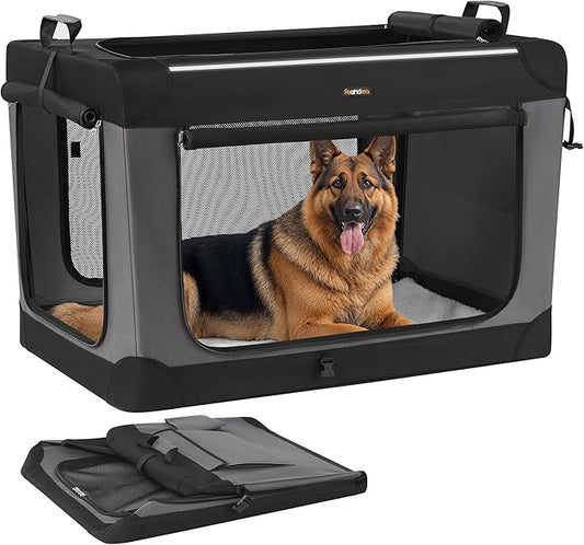 Feandrea Collapsible Dog Crate, 42-Inch Portable Dog Travel Crate for Large Dogs, Oxford Fabric Pet Carrier with 4 Mesh Doors, Handles, Storage Pocket, Water Bottle Holder, Ink Black UPDC021B01-PurrikoPets